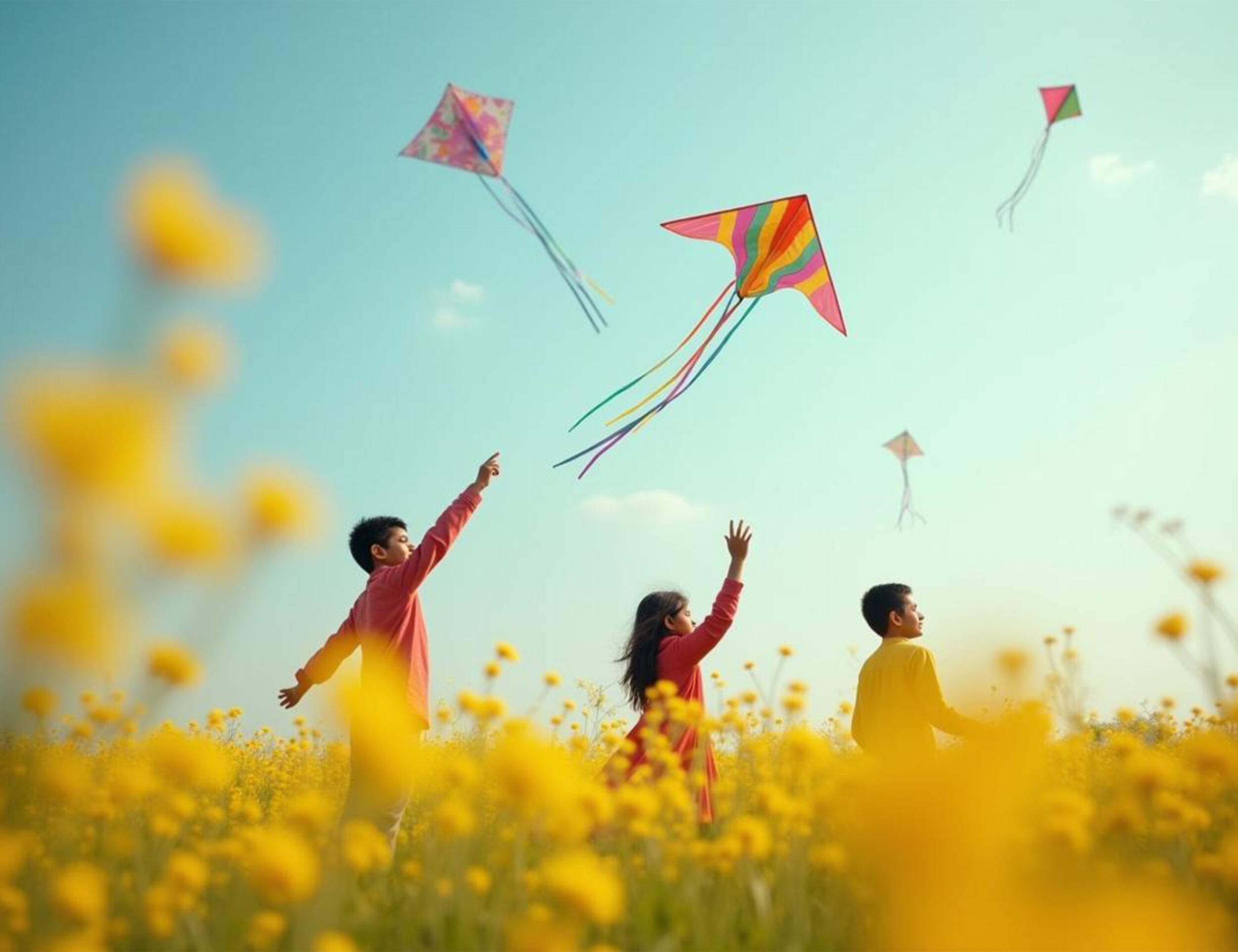 kids playing and flying kites in farm 